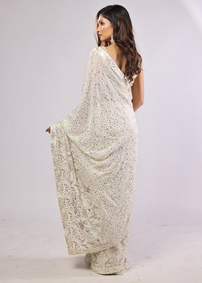 White Handloom Pure Georgette Saree With Blouse Piece