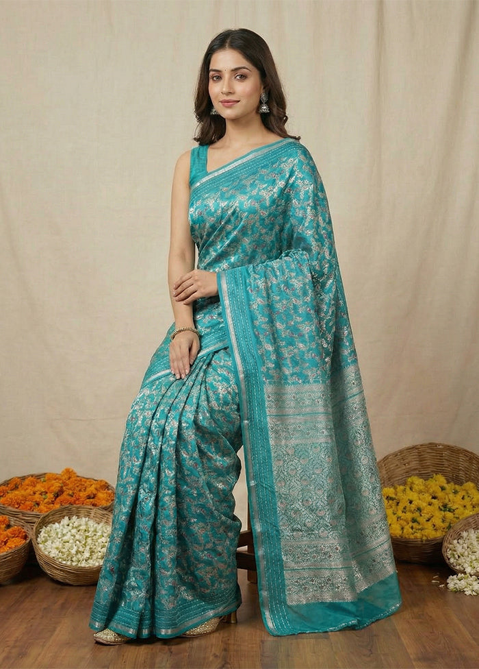 Blue Dupion Silk Saree With Blouse Piece