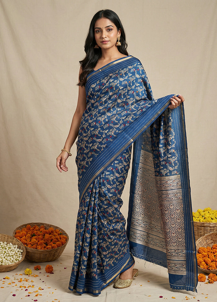 Blue Dupion Silk Saree With Blouse Piece