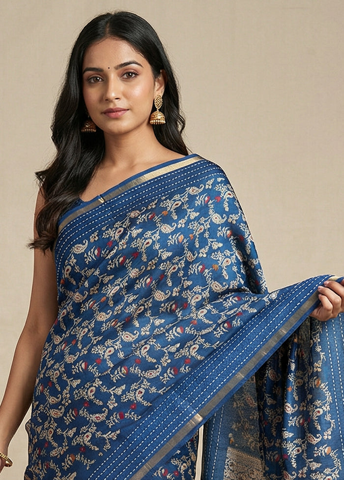 Blue Dupion Silk Saree With Blouse Piece