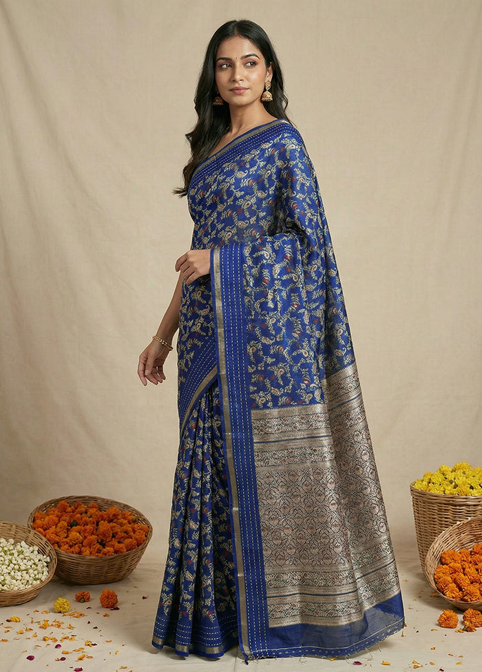 Blue Dupion Silk Saree With Blouse Piece