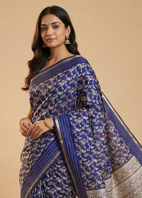 Blue Dupion Silk Saree With Blouse Piece