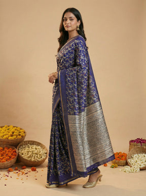 Blue Dupion Silk Saree With Blouse Piece
