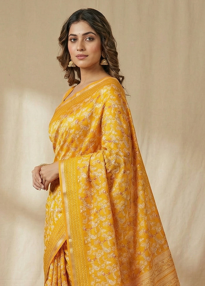 Yellow Dupion Silk Saree With Blouse Piece