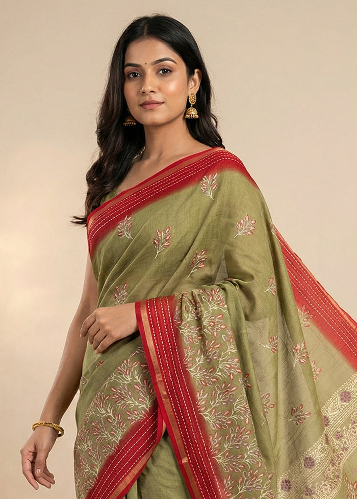 Green Dupion Silk Saree With Blouse Piece