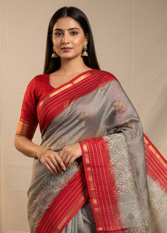 Grey Dupion Silk Saree With Blouse Piece