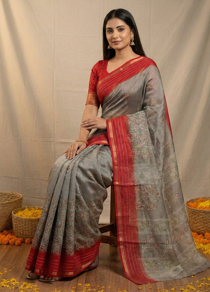 Grey Dupion Silk Saree With Blouse Piece