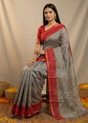Grey Dupion Silk Saree With Blouse Piece