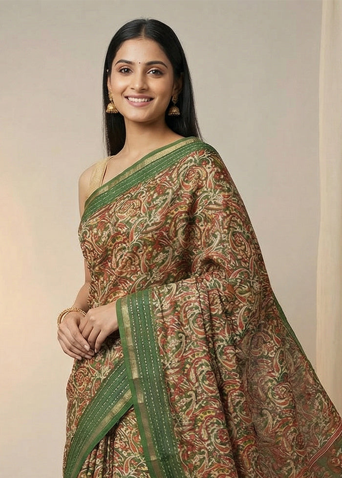 Green Dupion Silk Saree With Blouse Piece
