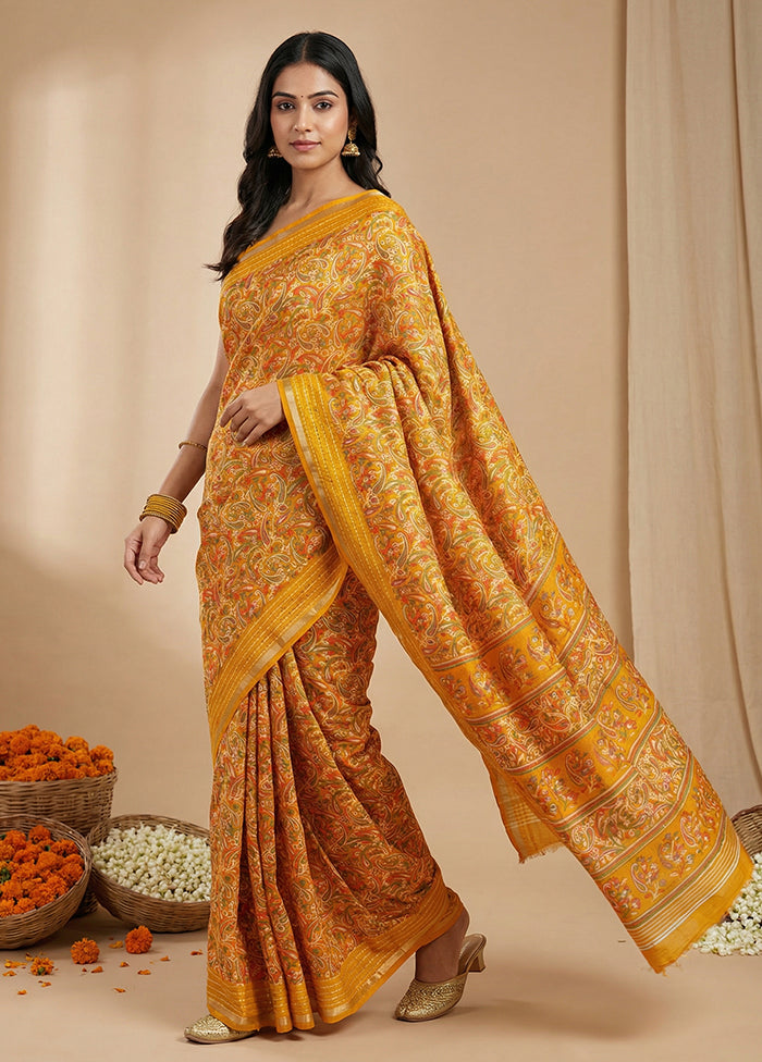 Yellow Dupion Silk Saree With Blouse Piece