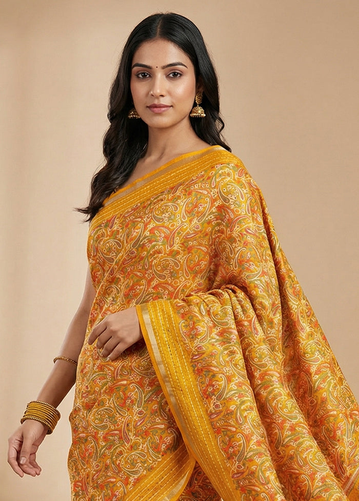 Yellow Dupion Silk Saree With Blouse Piece