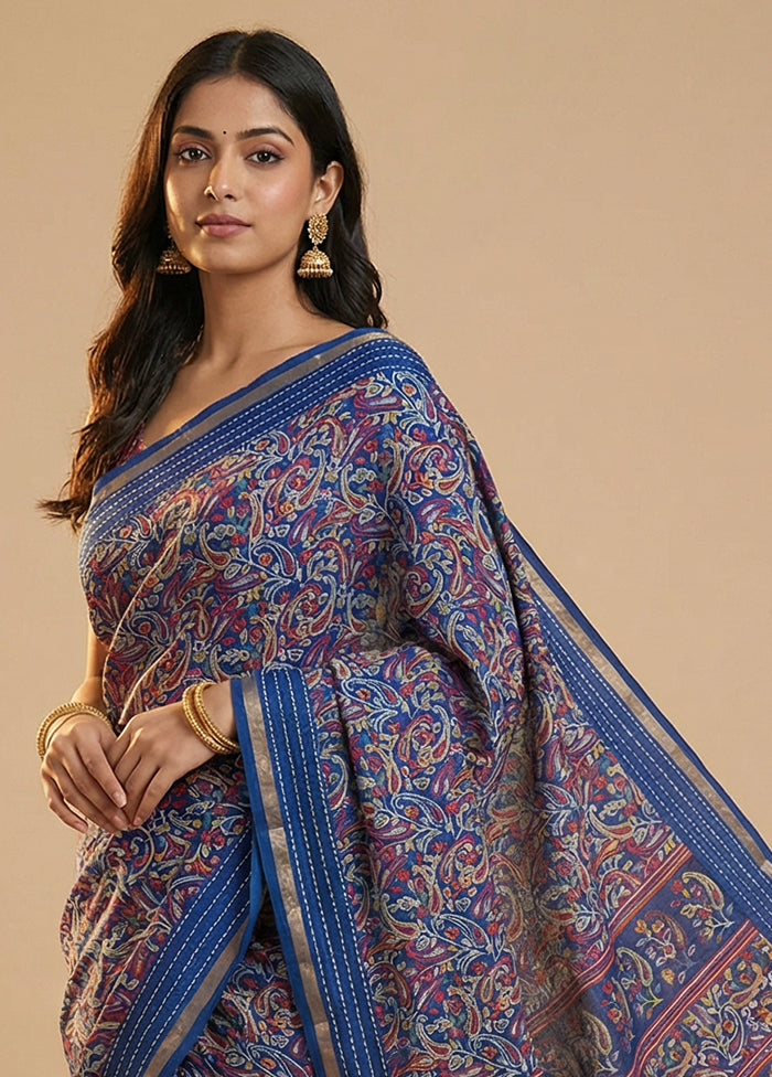 Blue Dupion Silk Saree With Blouse Piece