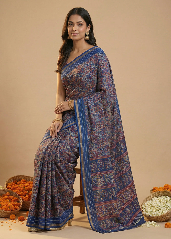 Blue Dupion Silk Saree With Blouse Piece