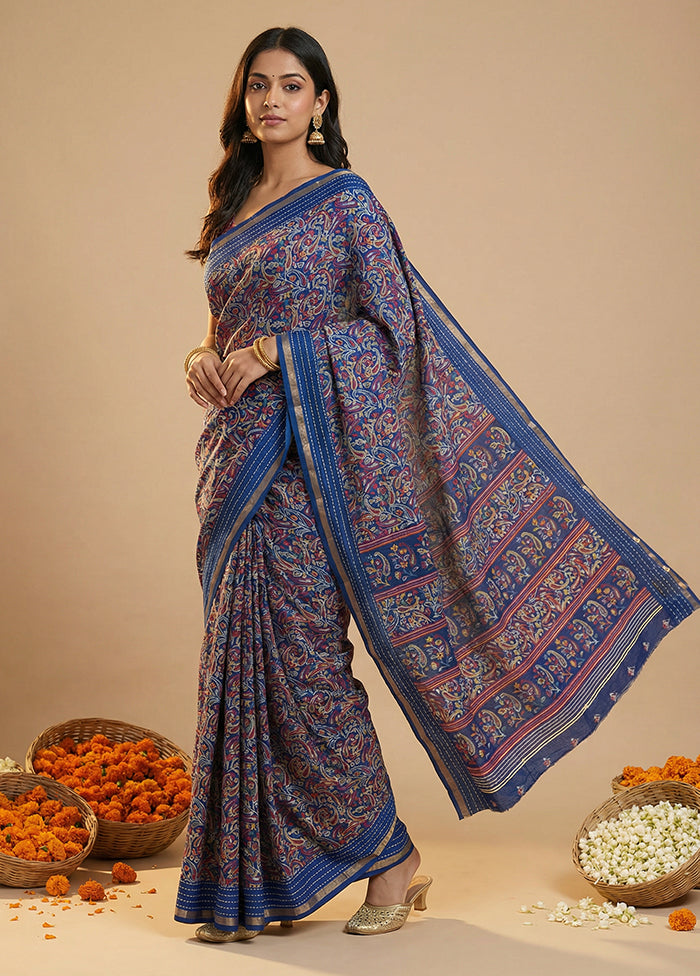 Blue Dupion Silk Saree With Blouse Piece