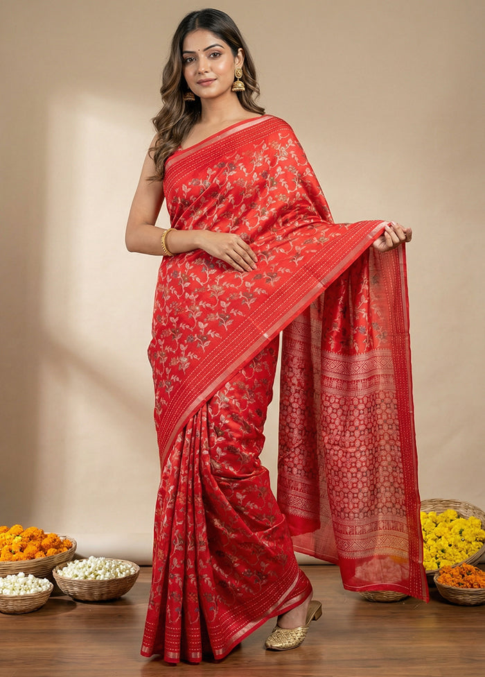 Red Dupion Silk Saree With Blouse Piece