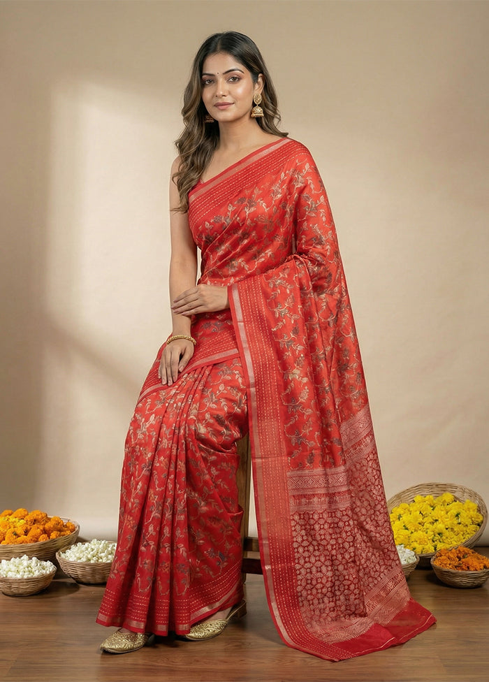 Red Dupion Silk Saree With Blouse Piece