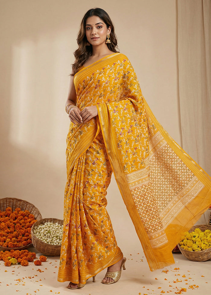 Yellow Dupion Silk Saree With Blouse Piece