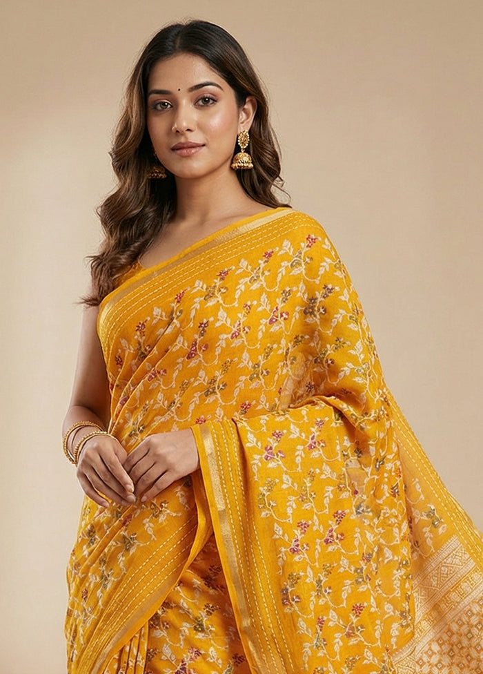Yellow Dupion Silk Saree With Blouse Piece