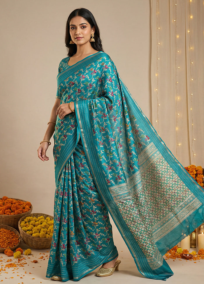 Blue Dupion Silk Saree With Blouse Piece
