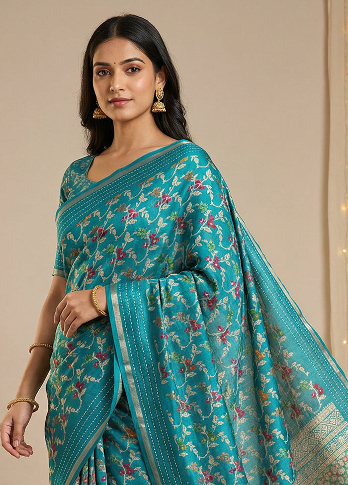 Blue Dupion Silk Saree With Blouse Piece