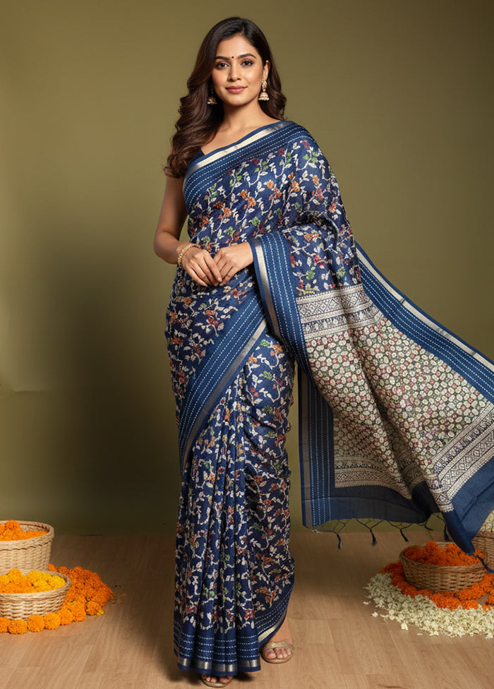 Blue Dupion Silk Saree With Blouse Piece