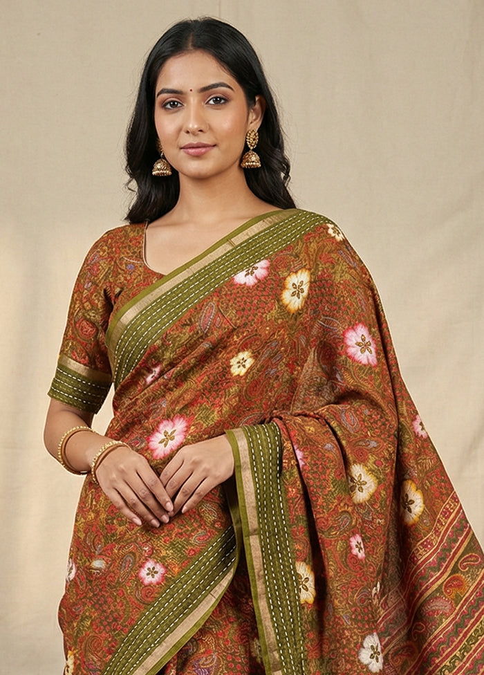 Green Dupion Silk Saree With Blouse Piece