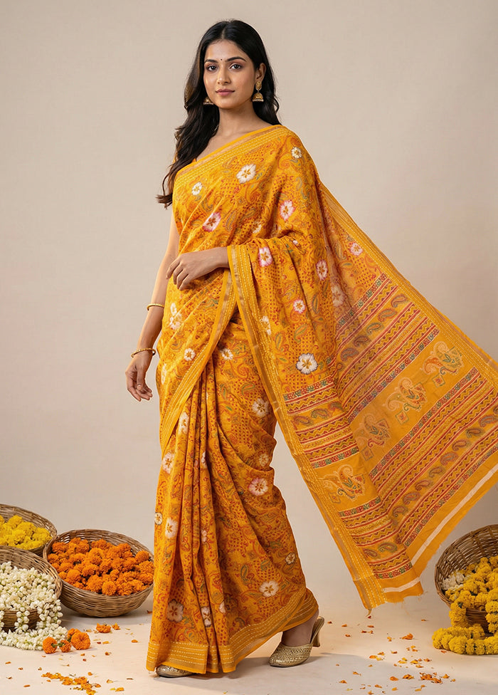 Yellow Dupion Silk Saree With Blouse Piece