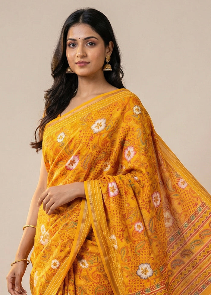 Yellow Dupion Silk Saree With Blouse Piece