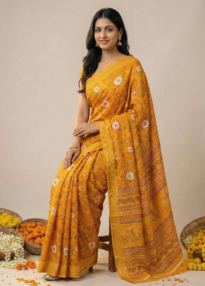 Yellow Dupion Silk Saree With Blouse Piece