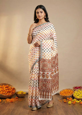 White Printed Silk Saree Without Blouse Piece
