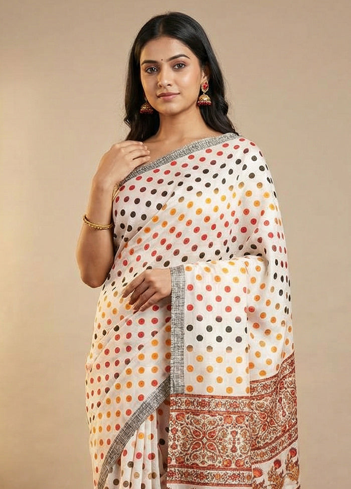 White Printed Silk Saree Without Blouse Piece
