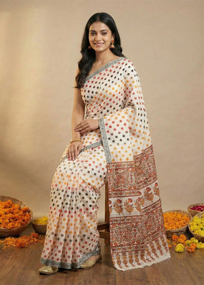 White Printed Silk Saree Without Blouse Piece