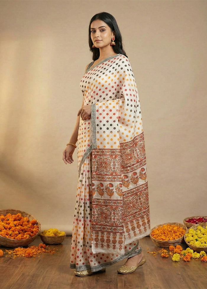 White Printed Silk Saree Without Blouse Piece
