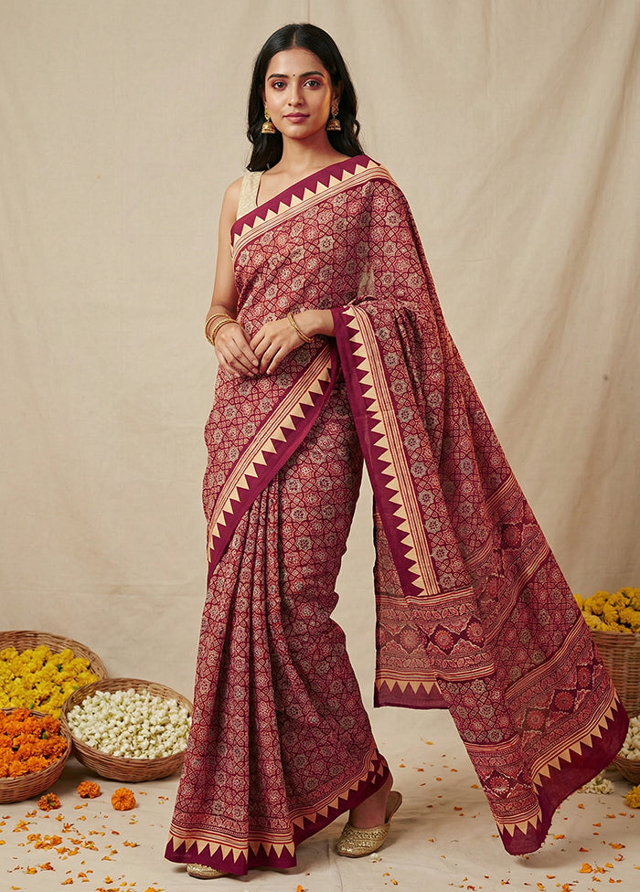 Purple Printed Silk Saree Without Blouse Piece