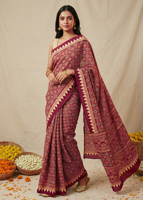 Purple Printed Silk Saree Without Blouse Piece