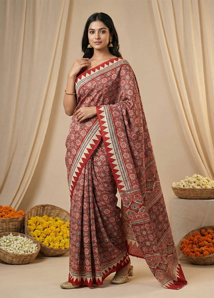 Red Printed Silk Saree Without Blouse Piece
