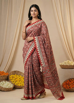 Red Printed Silk Saree Without Blouse Piece