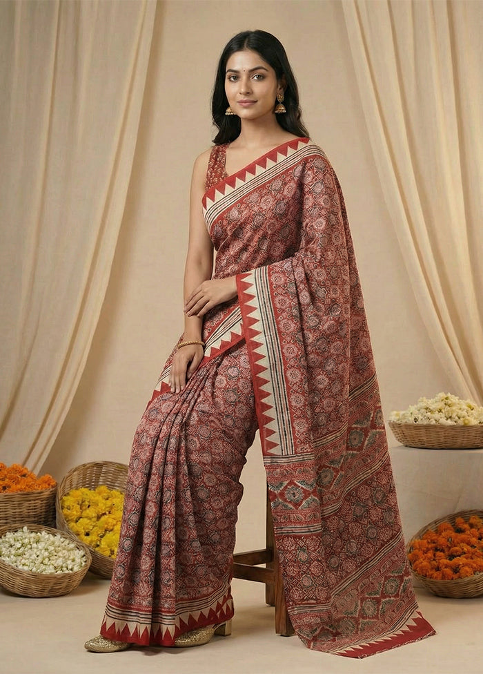 Red Printed Silk Saree Without Blouse Piece