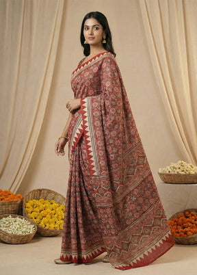 Red Printed Silk Saree Without Blouse Piece