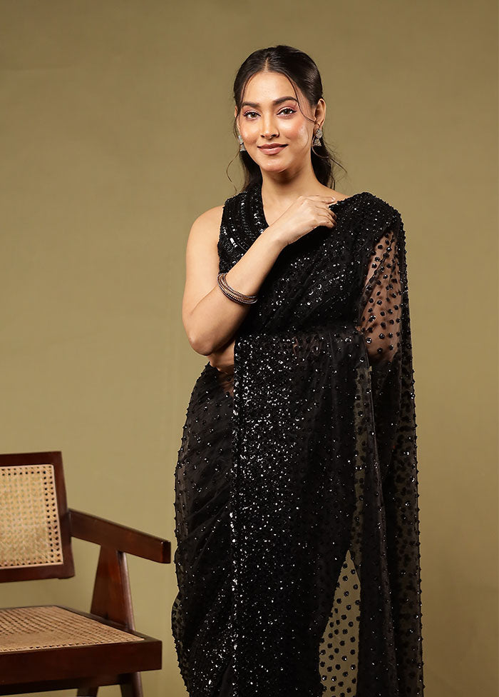 Black Handloom Pure Georgette Saree With Blouse Piece
