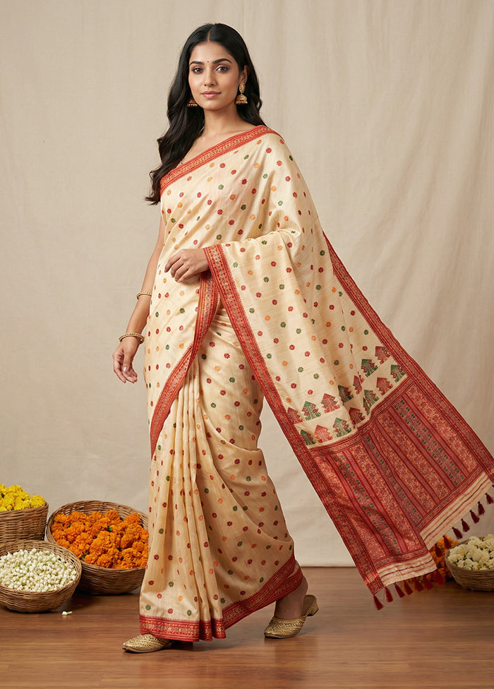Cream Assam Silk Saree With Blouse Piece