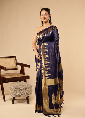 Blue Dupion Silk Saree With Blouse Piece