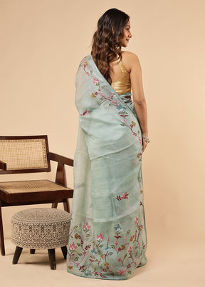 Green Handloom Pure Cotton Saree With Blouse Piece