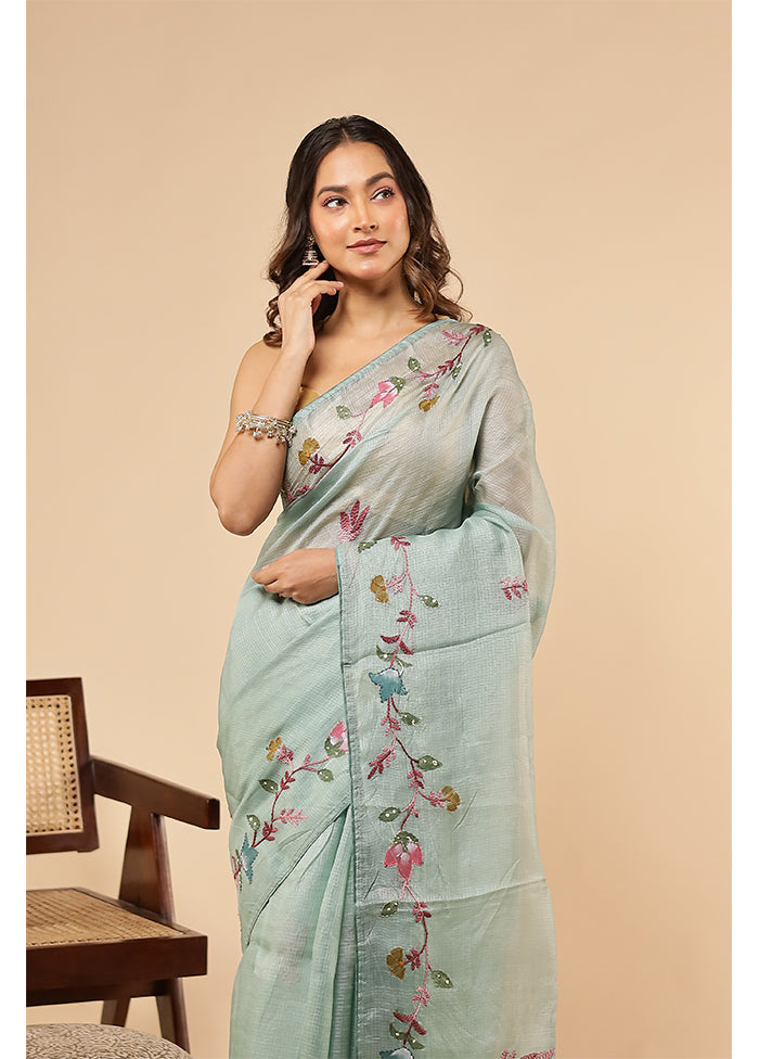 Green Handloom Pure Cotton Saree With Blouse Piece