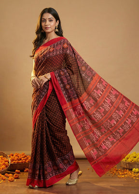 Brown Handloom Bomkai Pure Silk Saree With Blouse Piece