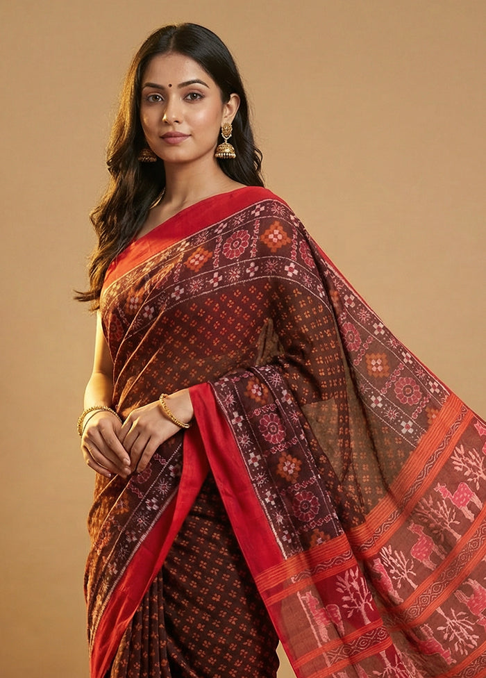Brown Handloom Bomkai Pure Silk Saree With Blouse Piece