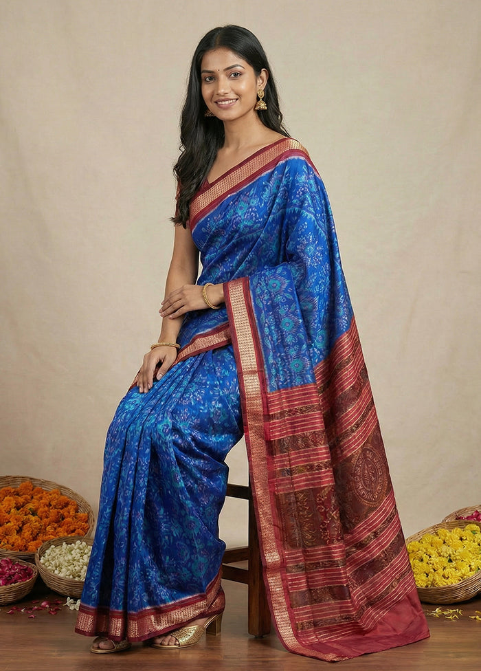 Blue Handloom Bomkai Pure Silk Saree With Blouse Piece