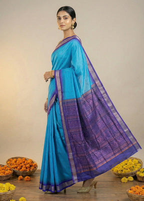 Blue Handloom Bomkai Pure Silk Saree With Blouse Piece