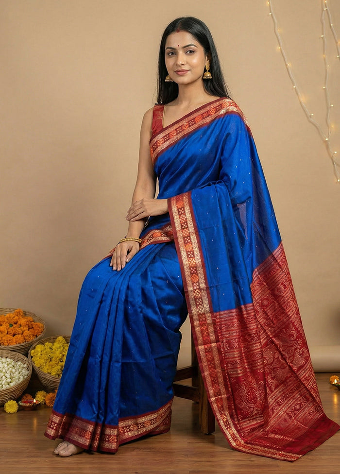 Blue Handloom Bomkai Pure Silk Saree With Blouse Piece