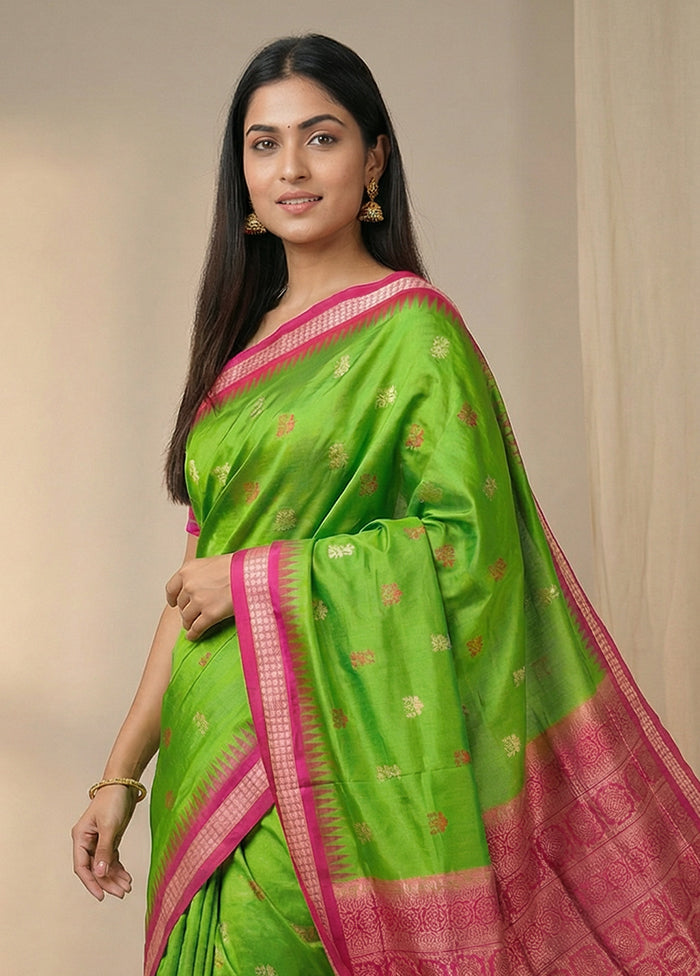Green Handloom Bomkai Pure Silk Saree With Blouse Piece